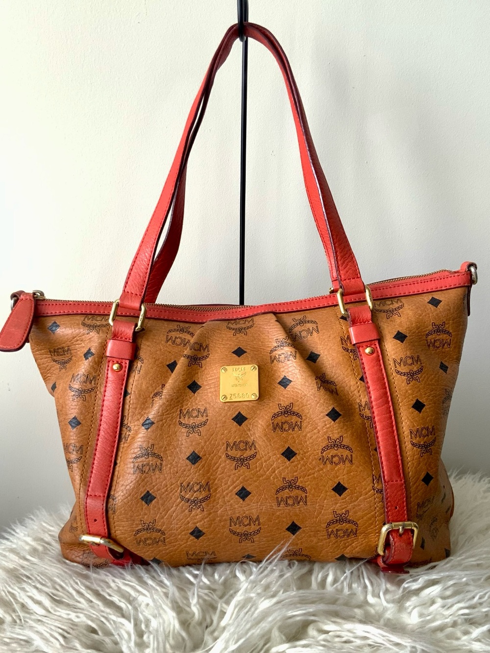 Authentic MCM Cognac Visetos Pleated Tote Bag - Picture 5 of 17